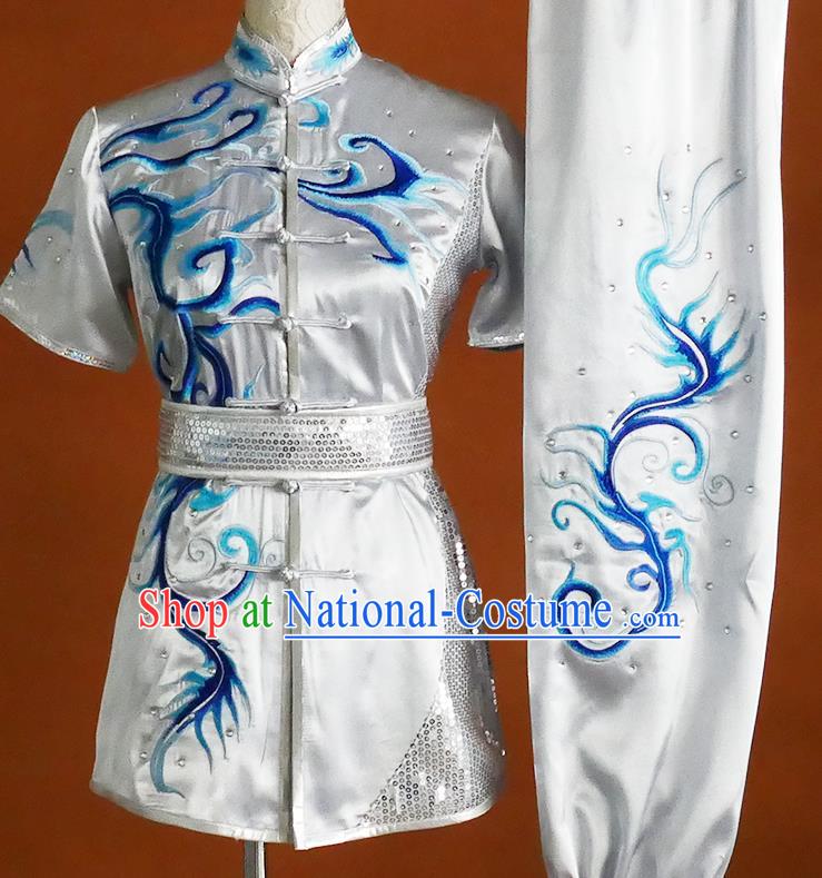 China Kung Fu Silver Uniform Martial Arts Performance Costume Swordsmanship Changquan Competition Clothing