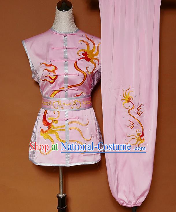 Chinese Kongfu Performance Pink Outfit Nan Quan Competition Clothing Wushu Tournament Uniform