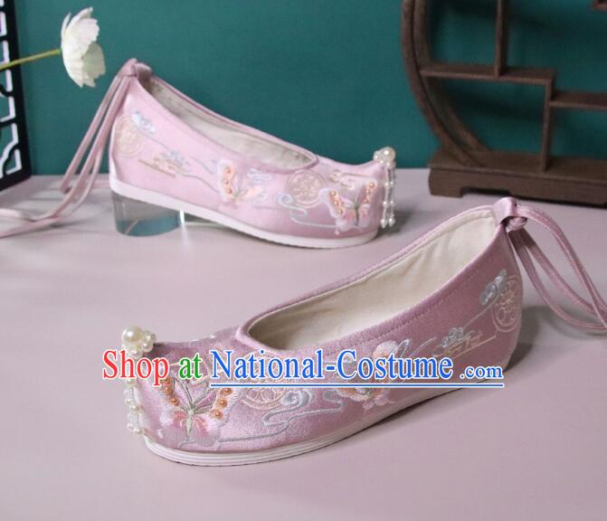 Chinese Hanfu Shoes Pink Satin Embroidered Shoes Ancient Princess Shoes