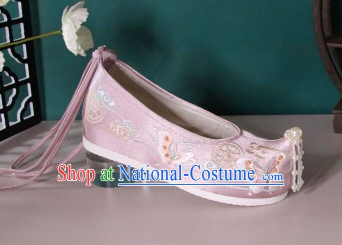 Chinese Hanfu Shoes Pink Satin Embroidered Shoes Ancient Princess Shoes