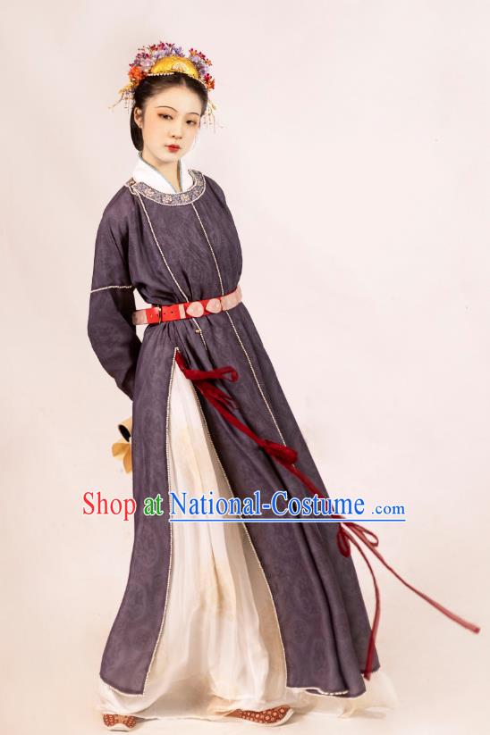 Chinese Traditional Hanfu Ancient Court Woman Garment Costumes Song Dynasty Purple Round Collar Robe Skirt Complete Set