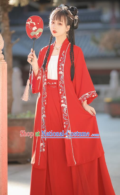 China Traditional Young Lady Hanfu Dresses Ancient Woman Clothing Song Dynasty Red Garment Costumes