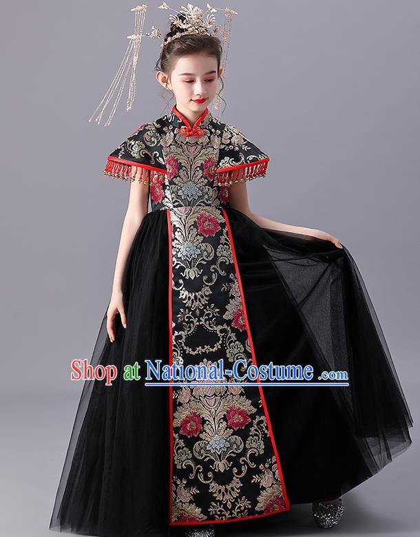 Girl Catwalks Black Dress Children Day Performance Clothing China Traditional Stage Shoe Costume