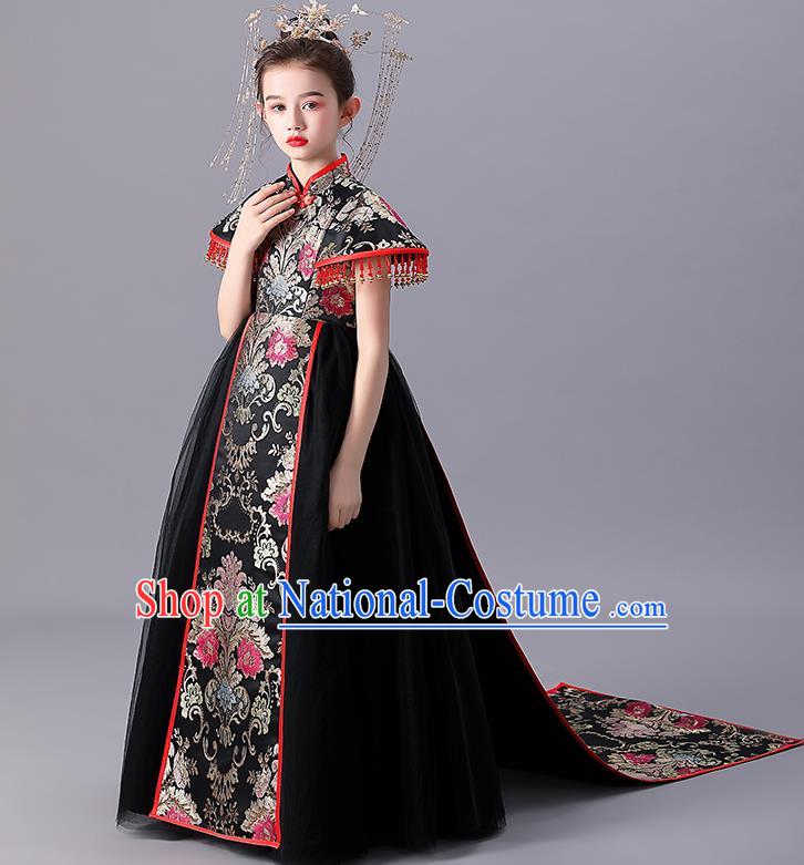 Girl Catwalks Black Dress Children Day Performance Clothing China Traditional Stage Shoe Costume