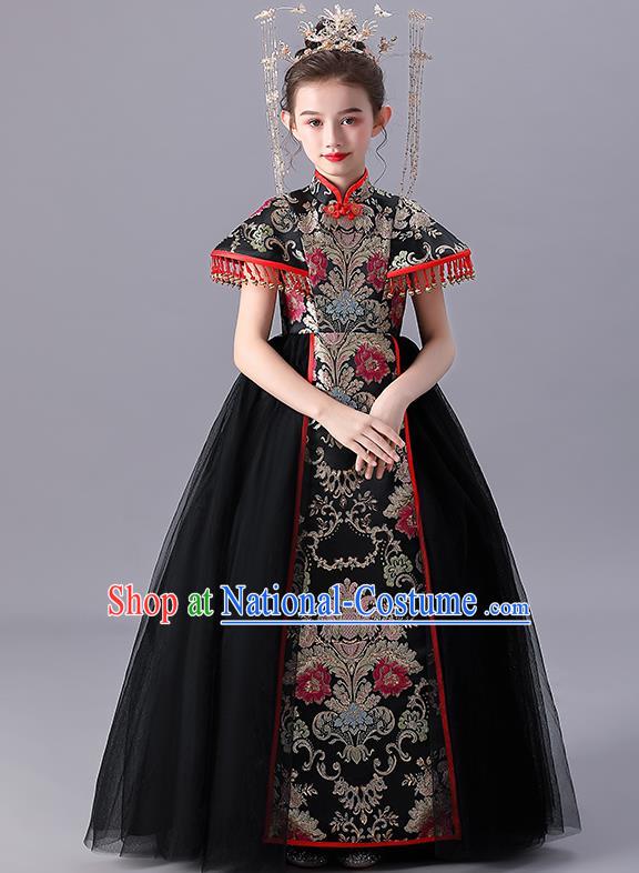 Girl Catwalks Black Dress Children Day Performance Clothing China Traditional Stage Shoe Costume