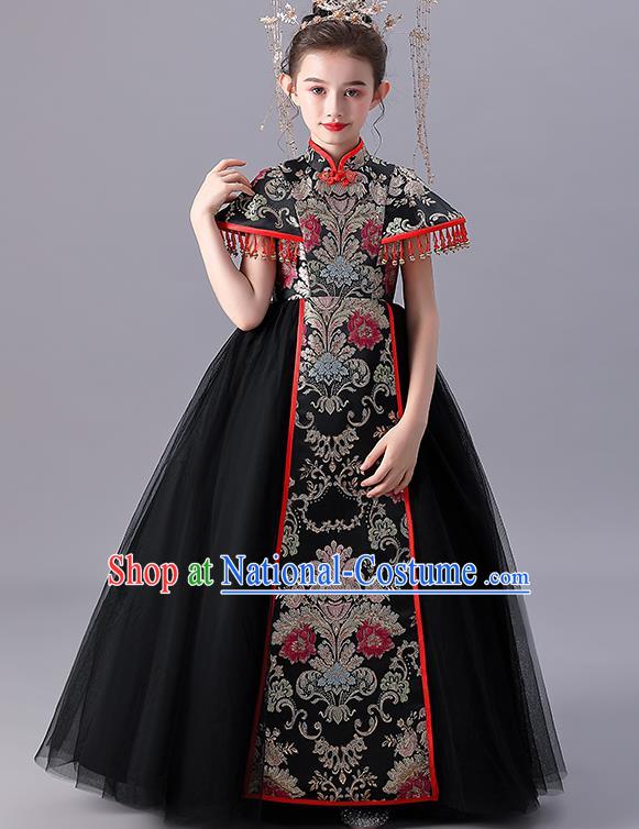 Girl Catwalks Black Dress Children Day Performance Clothing China Traditional Stage Shoe Costume