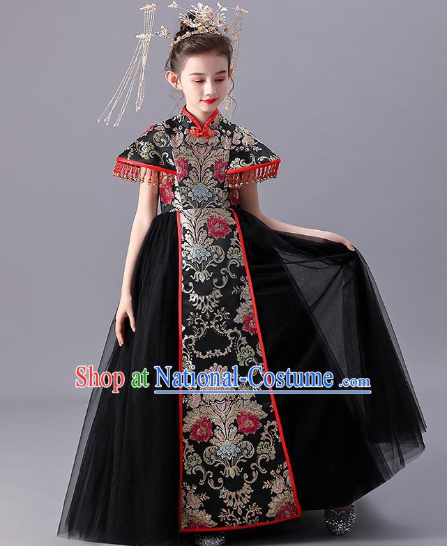 Girl Catwalks Black Dress Children Day Performance Clothing China Traditional Stage Shoe Costume