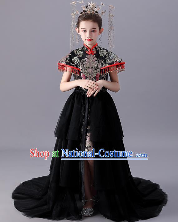 China Traditional Stage Show Costume Girl Catwalks Black Qipao Dress Children Day Performance Clothing