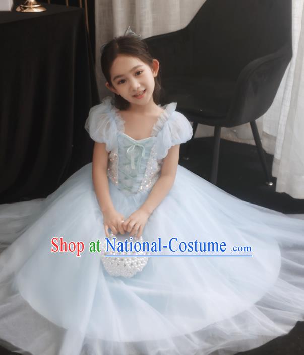 Princess Birthday Light Blue Dress Top Model Contest Fashion Children Day Performance Clothing Girl Catwalks Costume