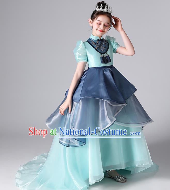 Girl Catwalks Costume Princess Birthday Blue Full Dress Top Model Contest Fashion Children Day Show Clothing