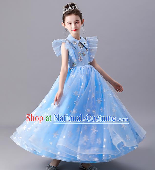 Top Model Contest Fashion Children Day Stage Show Clothing Girl Catwalks Costume Princess Birthday Blue Full Dress