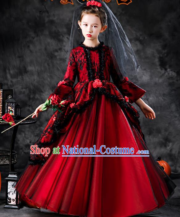 Kid Red Full Dress Children Day Performance Clothing Girl Stage Show Costumes Ballroom Dance Fashion