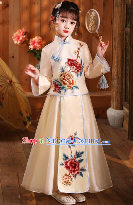 Chinese Folk Dance Fashion Kid Apricot Blouse and Skirt Children Day Performance Hanfu Clothing Girl Stage Show Costumes