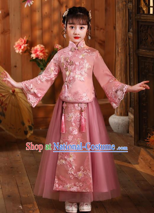 Girl Stage Show Costumes Chinese Folk Dance Fashion Kid Dark Pink Blouse and Skirt Children Day Performance Hanfu Clothing