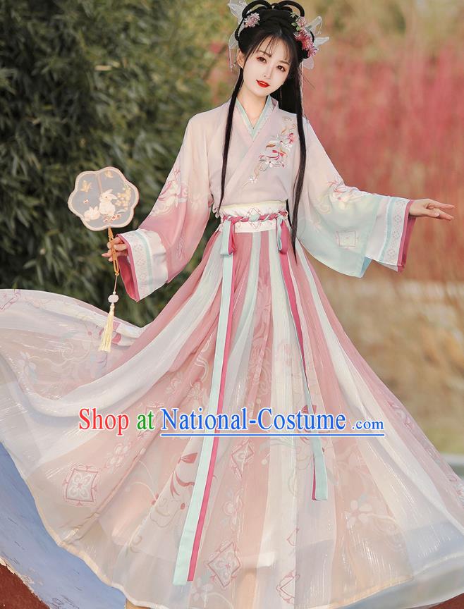 China Traditional Woman Pink Hanfu Dress Ancient Young Lady Costumes Jin Dynasty Princess Clothing