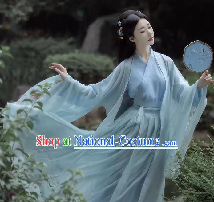 China Ancient Goddess Peri Costumes Ming Dynasty Swordswoman Clothing Traditional Blue Hanfu Dress