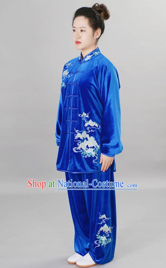 Chinese Female Tai Chi Royal Blue Velvet Suit Martial Arts Clothing Winter Taiji Quan Training Uniform Wushu Competition Clothes