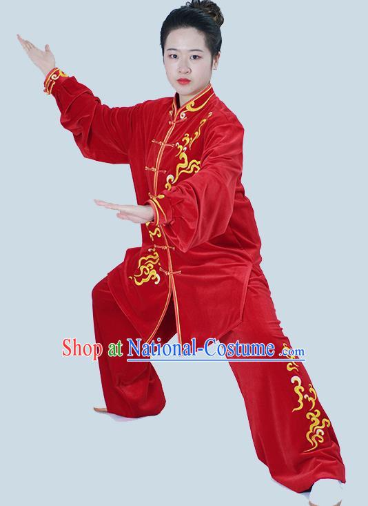 Chinese Taiji Chuan Clothes Female Kung Fu Red Velvet Suit Martial Arts Clothing Winter Tai Chi Training Uniform