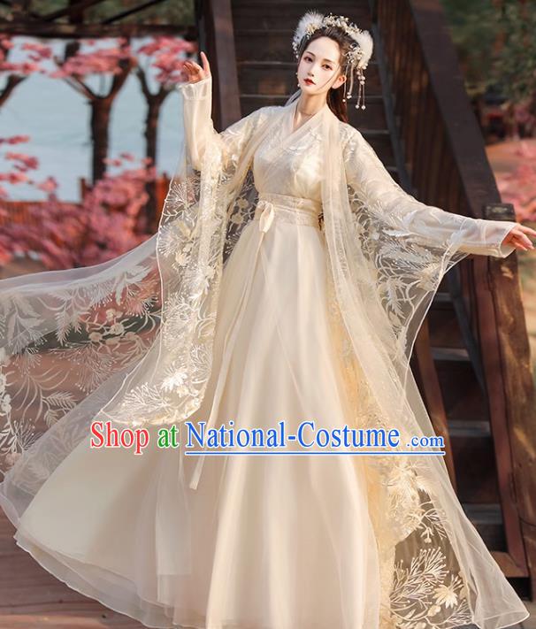 Chinese Ming Dynasty Princess Clothing Traditional Champagne Hanfu Dress Ancient Goddess Costumes