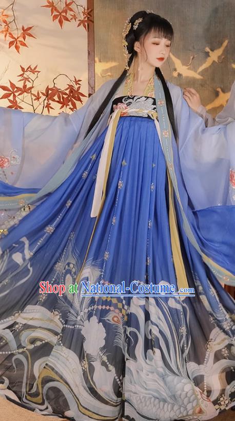 Ancient China Traditional Hanfu Runqun Blue Dress Fairy Costumes Tang Dynasty Woman Clothing