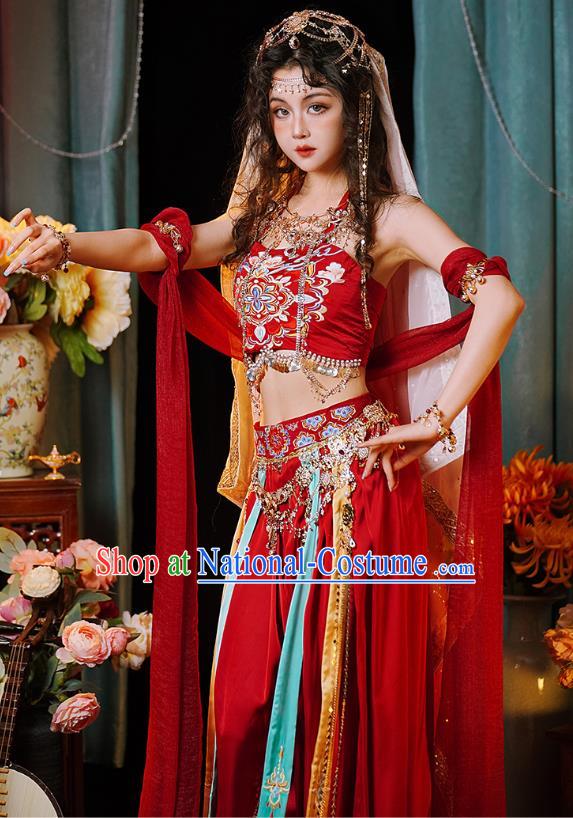 Ancient Ethnic Xi Yu Princess Clothing China Dunhuang Flying Apsaras Red Outfit Dance Lady Costumes