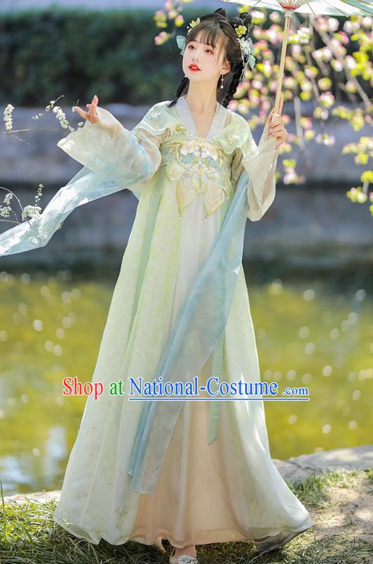 China Hanfu Green Dresses Ancient Young Lady Clothing Traditional Costumes