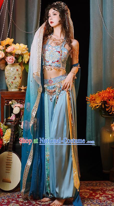 China Ethnic Dance Costumes Ancient Western Regions Lou Lan Princess Blue Outfit Dunhuang Dance Clothing