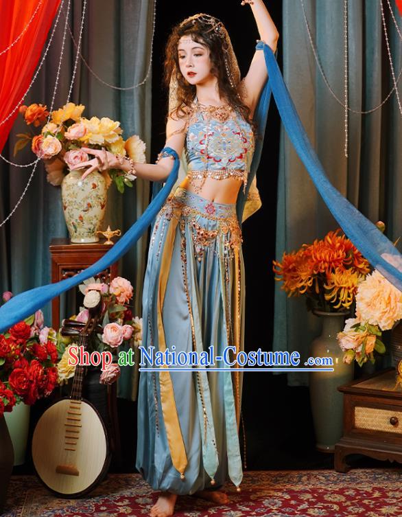 China Ethnic Dance Costumes Ancient Western Regions Lou Lan Princess Blue Outfit Dunhuang Dance Clothing