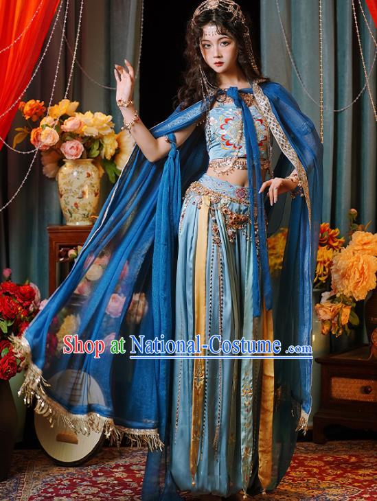 China Ethnic Dance Costumes Ancient Western Regions Lou Lan Princess Blue Outfit Dunhuang Dance Clothing