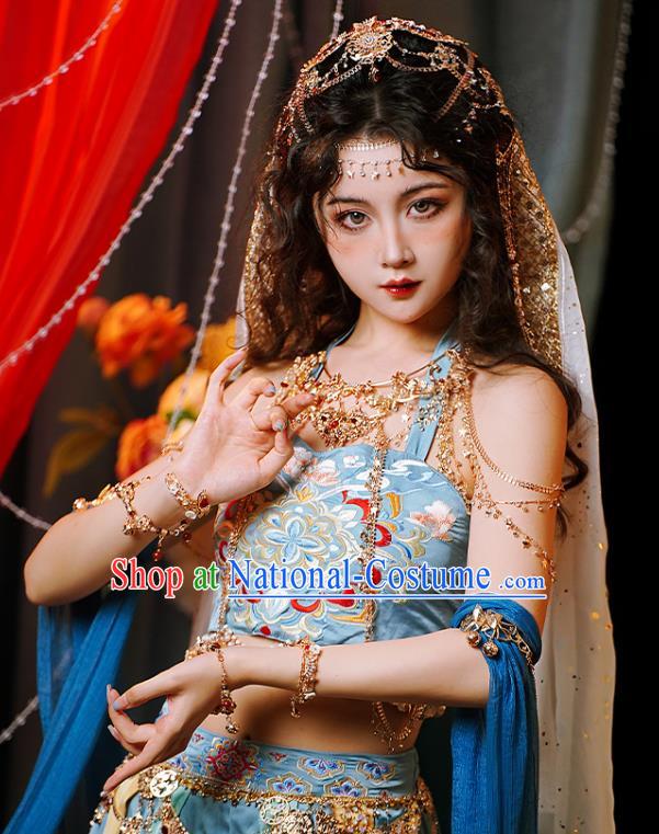 China Ethnic Dance Costumes Ancient Western Regions Lou Lan Princess Blue Outfit Dunhuang Dance Clothing