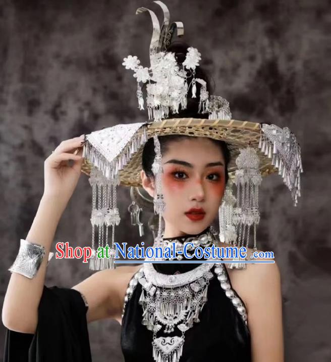 Miao Nationality Silver Hat Handmade Bucket Hat Miao Nationality Tujia Decorative Hat Phoenix Travel Photography Props Clothing