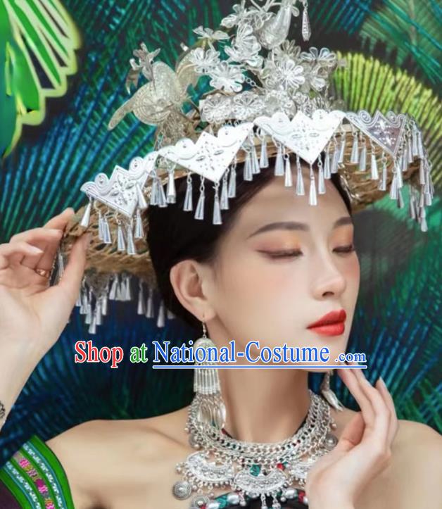 Miao Nationality Silver Hat Handmade Bucket Hat Miao Nationality Tujia Decorative Hat Phoenix Travel Photography Props Clothing