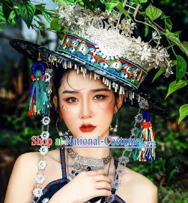 Miao Nationality Silver Hat Handmade Bucket Hat Miao Nationality Tujia Decorative Hat Phoenix Travel Photography Props Clothing