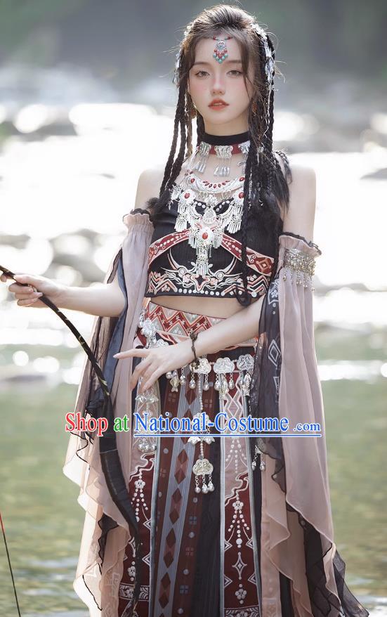 Ethnic Minority Costumes Exotic Hanfu Black Hani Printing Embroidery Silver Jewelry Complete Set