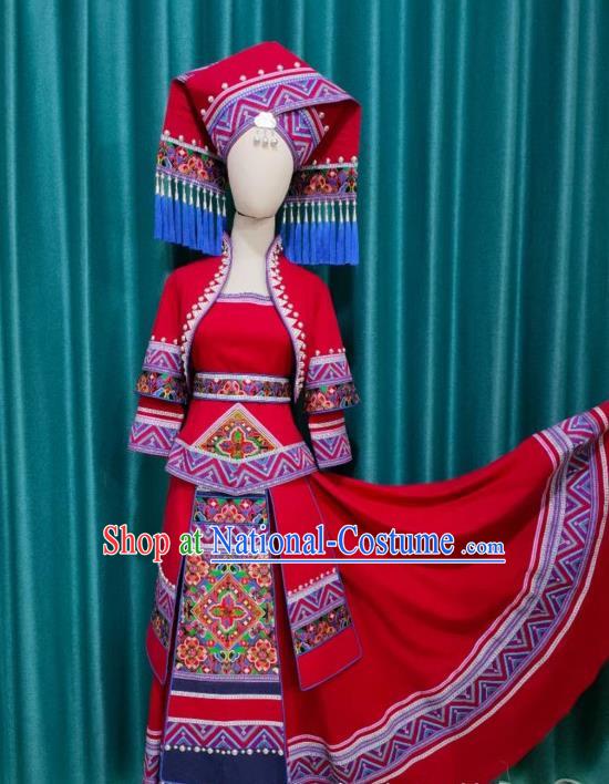 Guangxi Ethnic Minority Clothing March 3 Zhuang Red Bride Dress 360 Degree Skirt