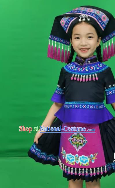 Zhuang Costume Minority Children Women Short Skirt Black Cute Stage Performance