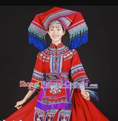 Zhuang Costume Red Ethnic Minority Stage Costume Costume Folk Song Dress Suit