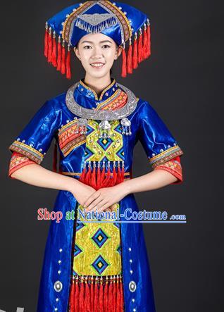 Zhuang Nationality Stage Costumes Ethnic Minority Costumes March 3 Long Skirt Blue Women Dress