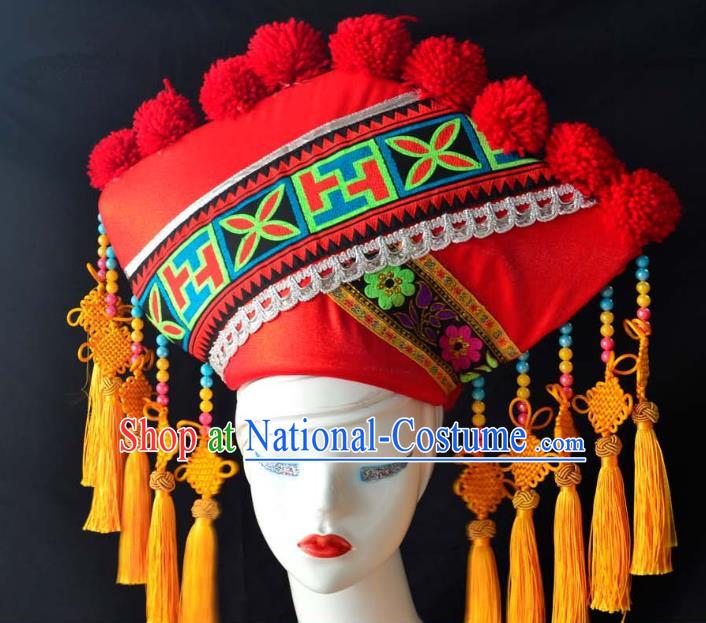 Guangxi Women Adult Minority Performance Hat Zhuang Nationality Folk Song Advanced Embroidery Handmade Headwear