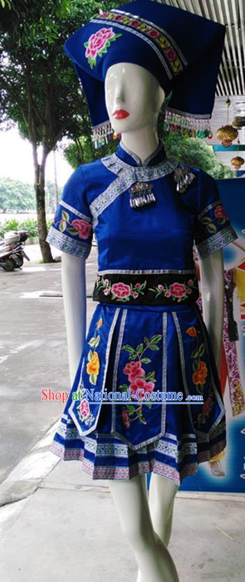 Blue Yi Zhuang National Costume Stage Dance Performance Hot Flower Pleated Skirt