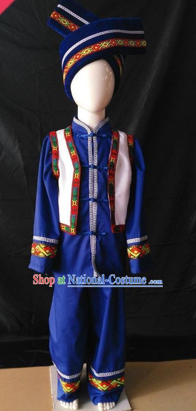 Children Ethnic Minority Performance Costumes Stage Costumes Blue Clothes Zhuang Costumes Long Sleeved Trousers Suit