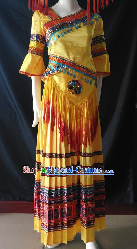 Zhuang Yellow Pleated Long Skirt Stage Singing Performance Costume