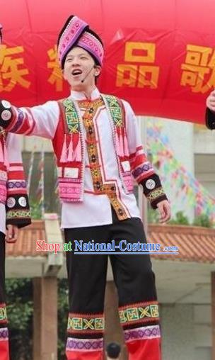 Guangxi Zhuang Nationality Stage Performance Costume Minority Men Black Trousers Three Piece Set