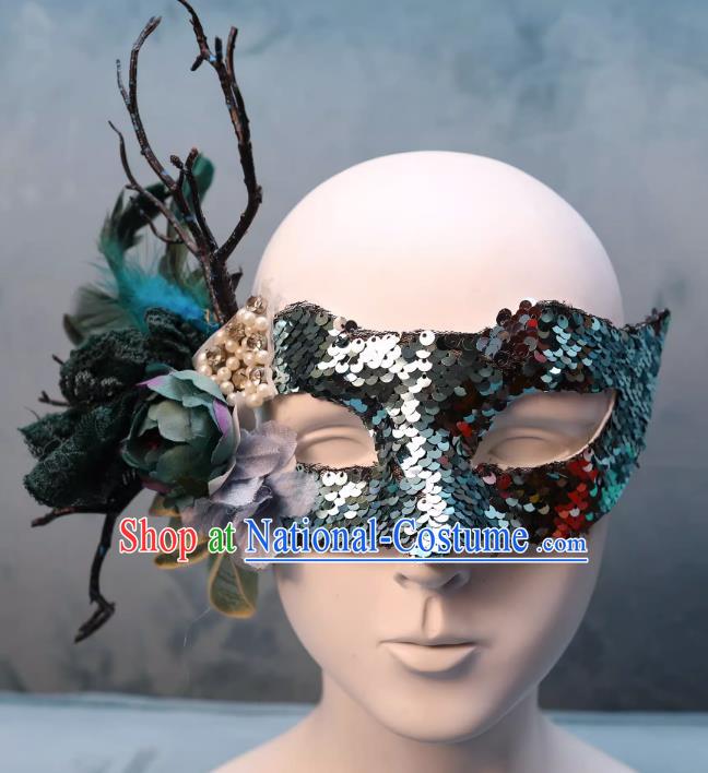 Venetian Green Flower Mask Feather Masked Singer Halloween Carnival Ball Party Mask