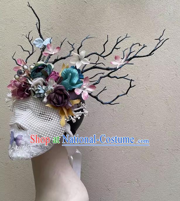 Handmade Flowers And Dead Branches Full Face Mask Headdress Christmas Elk Gift