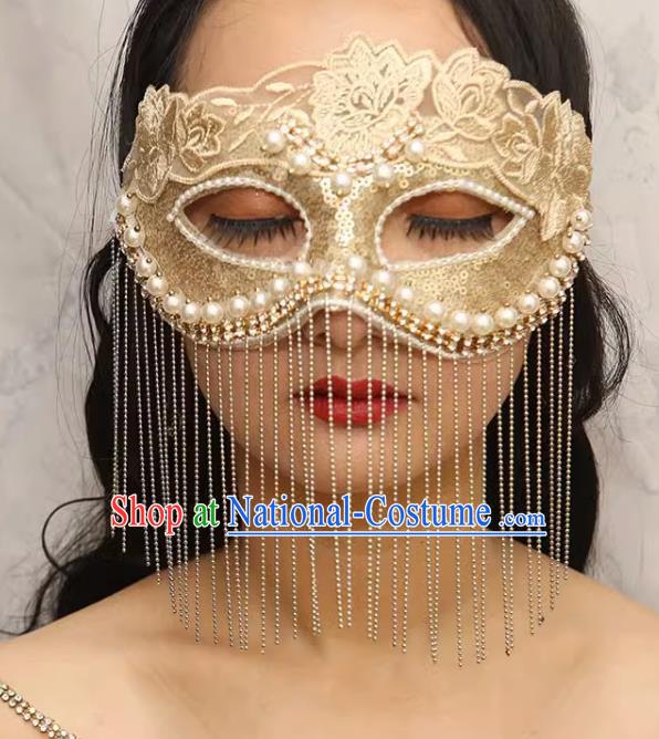 European And American Champagne Lace Retro Elegant Mysterious Mask Tassel Covering Masquerade Halloween Carnival Party