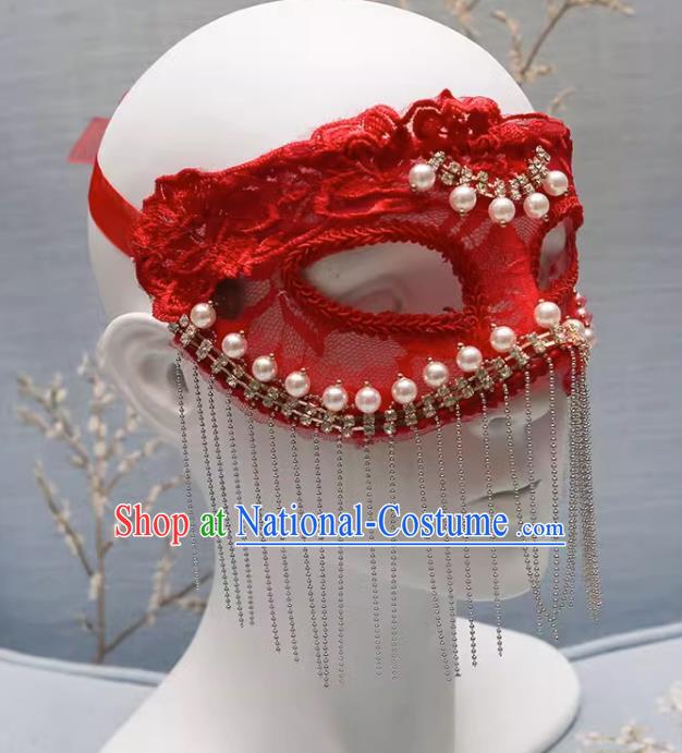 European And American Red Lace Retro Elegant Mystery Mask Tassel Covering Masquerade Halloween Carnival Party