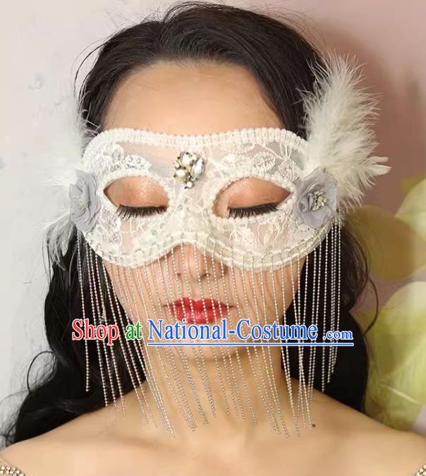 European And American White Lace Retro Elegant Mysterious Mask Tassel Covering Masquerade Halloween Carnival Party