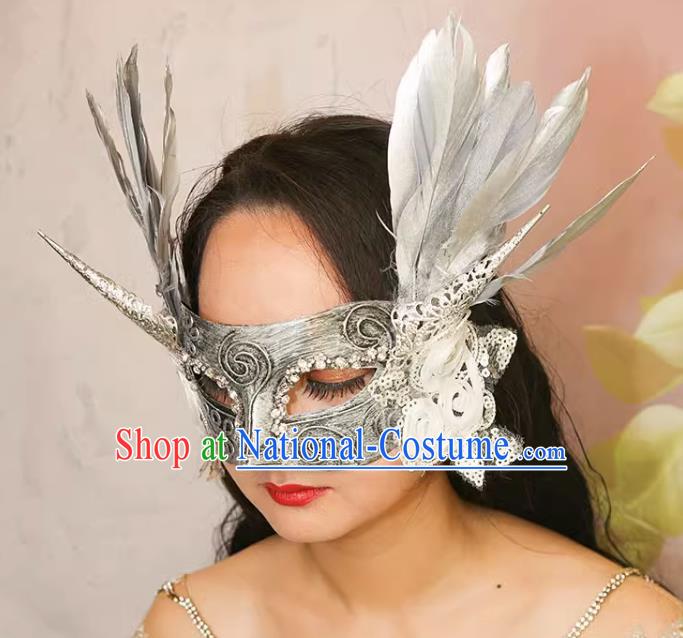 Exaggerated Venetian Silver Flower Mask Feather Masked Singer Halloween Carnival Masquerade Party