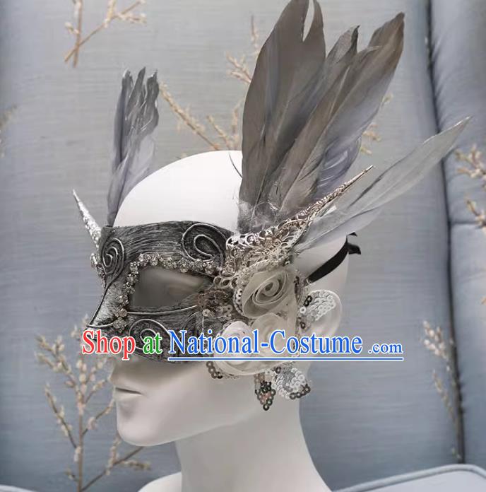 Exaggerated Venetian Silver Flower Mask Feather Masked Singer Halloween Carnival Masquerade Party